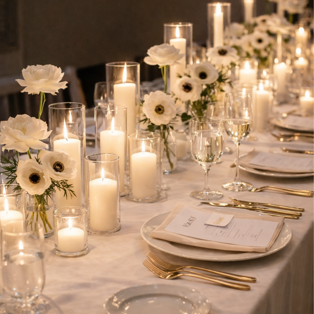 Eleganter Esstisch mit weißen Blumen, Kerzen in Glasvasen, weißen Tellern, Goldbesteck und Weingläsern, festlich gedeckt für eine Veranstaltung.
