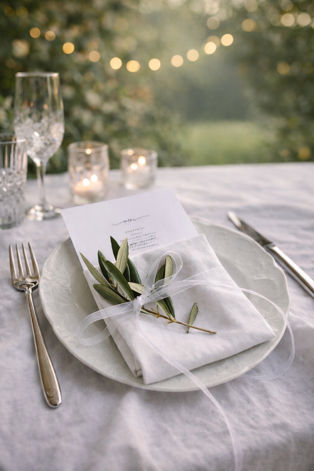 Eleganter gedeckter Esstisch mit weißen Teller, Silberbesteck, Stoffserviette mit Olivenzweig und Schleife, Kerzen, Gläser, im Hintergrund Lichter und Natur