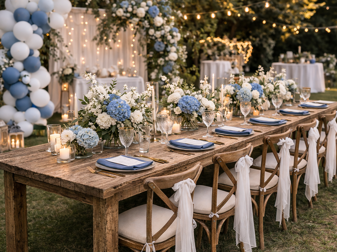 Ein festlich dekorierter Esstisch im Freien mit blauen und weißen Blumen, Kerzen und eleganten Gläsern, umgeben von Lichterketten und Ballons.