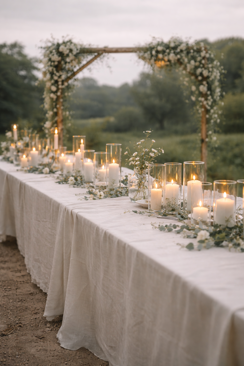 Ein festlicher Tisch im Freien mit Kerzen in Gläsern, einer Blumenarrangement in einer Vase und einem Blumenbogen im Hintergrund, bei Sonnenuntergang oder Dämmerung, für eine Feier oder Hochzeit