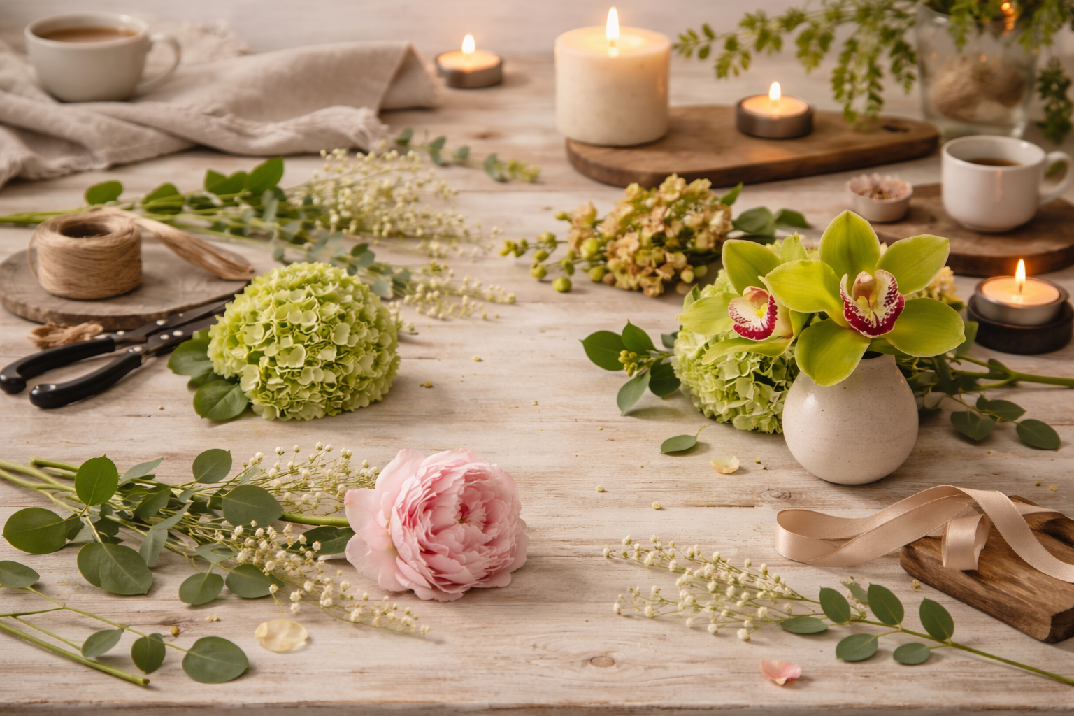 Blumen, Kerzen, und Dekorationsmaterialien auf einem Tisch, vorbereitet für eine Floristenarbeit oder eine Veranstaltung.