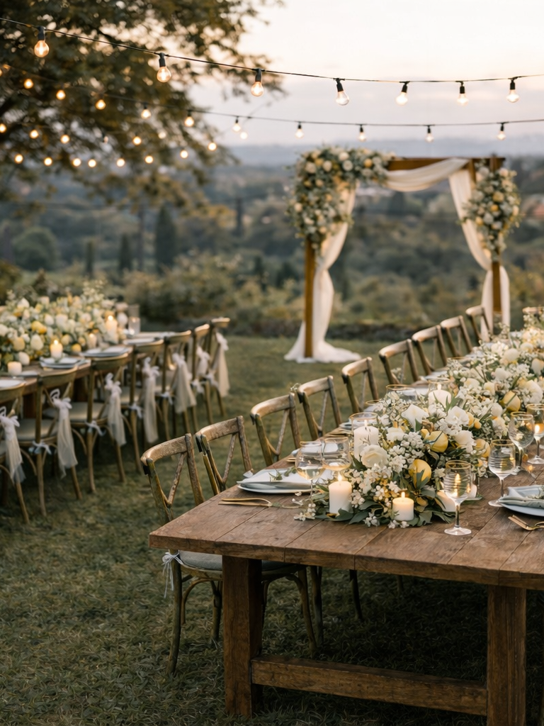 Eine festlich gedeckte Gartentafel bei Sonnenuntergang mit Blumen, Kerzen und Lichterketten, im Hintergrund ein Erdtuch-gestütztes Hochzeitsbogen.