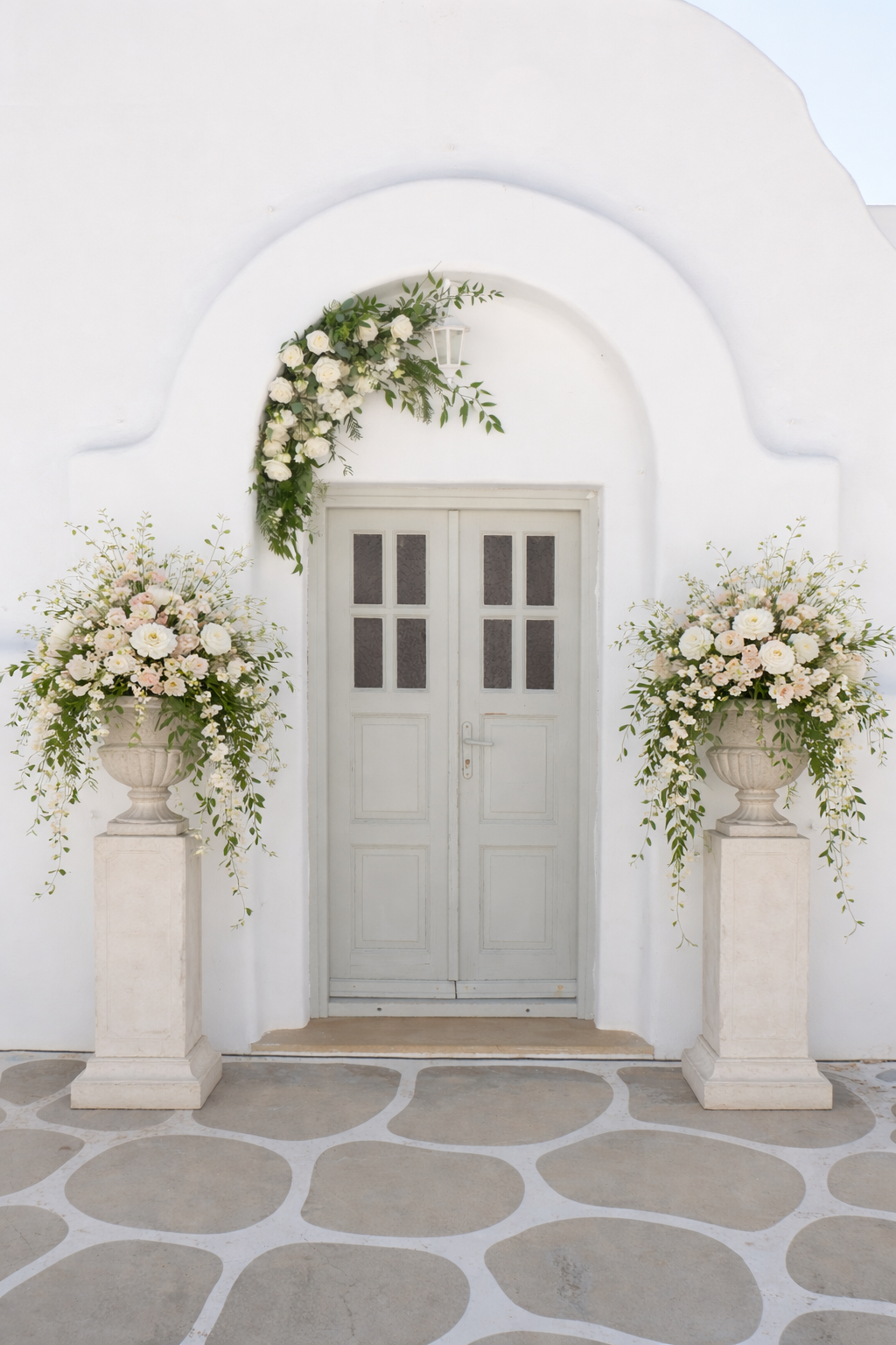 Weiße Tür mit Blumenarrangements in Vasen auf Säulen links und rechts. Blumen in Weiß- und Pastellfarben, grüne Blätter, weiße Wand mit Bogen und eine Laterne oberhalb der Tür.