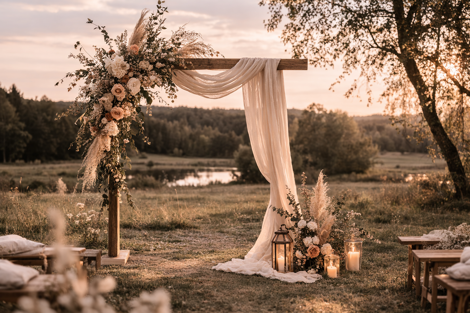 Ein romantischer Hochzeitspavillon im Freien bei Sonnenuntergang mit Blumen, Kerzen und Stoffdekoration vor einer ländlichen Landschaft mit Bäumen und Wasser