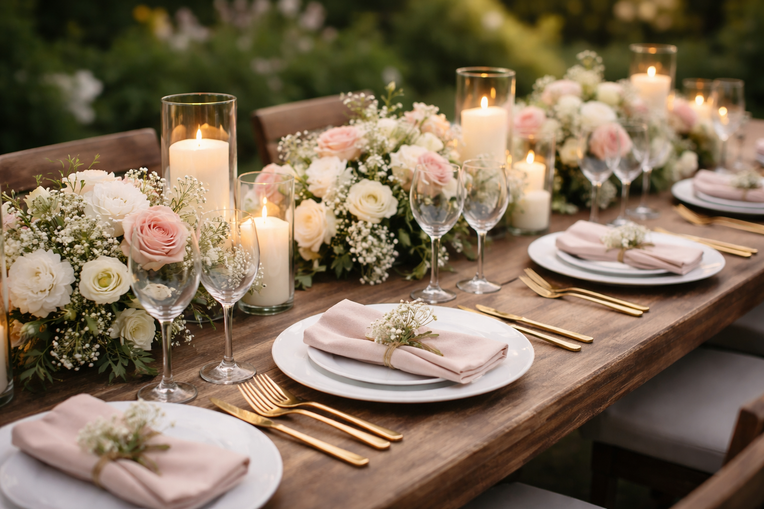 Ein festlich gedeckter Esstisch mit weißen Tellern, goldenen Bestecken, rosa gefalteten Servietten, Kerzen in Gläsern und Blumen in Weiß und Rosa, für eine Feier im Freien bei Abendlicht.
