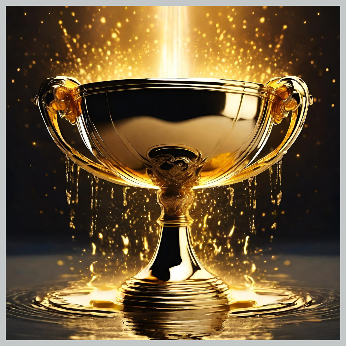 A golden trophy cup with glittering sparkles and a bright light shining downward, surrounded by golden particles and reflections.