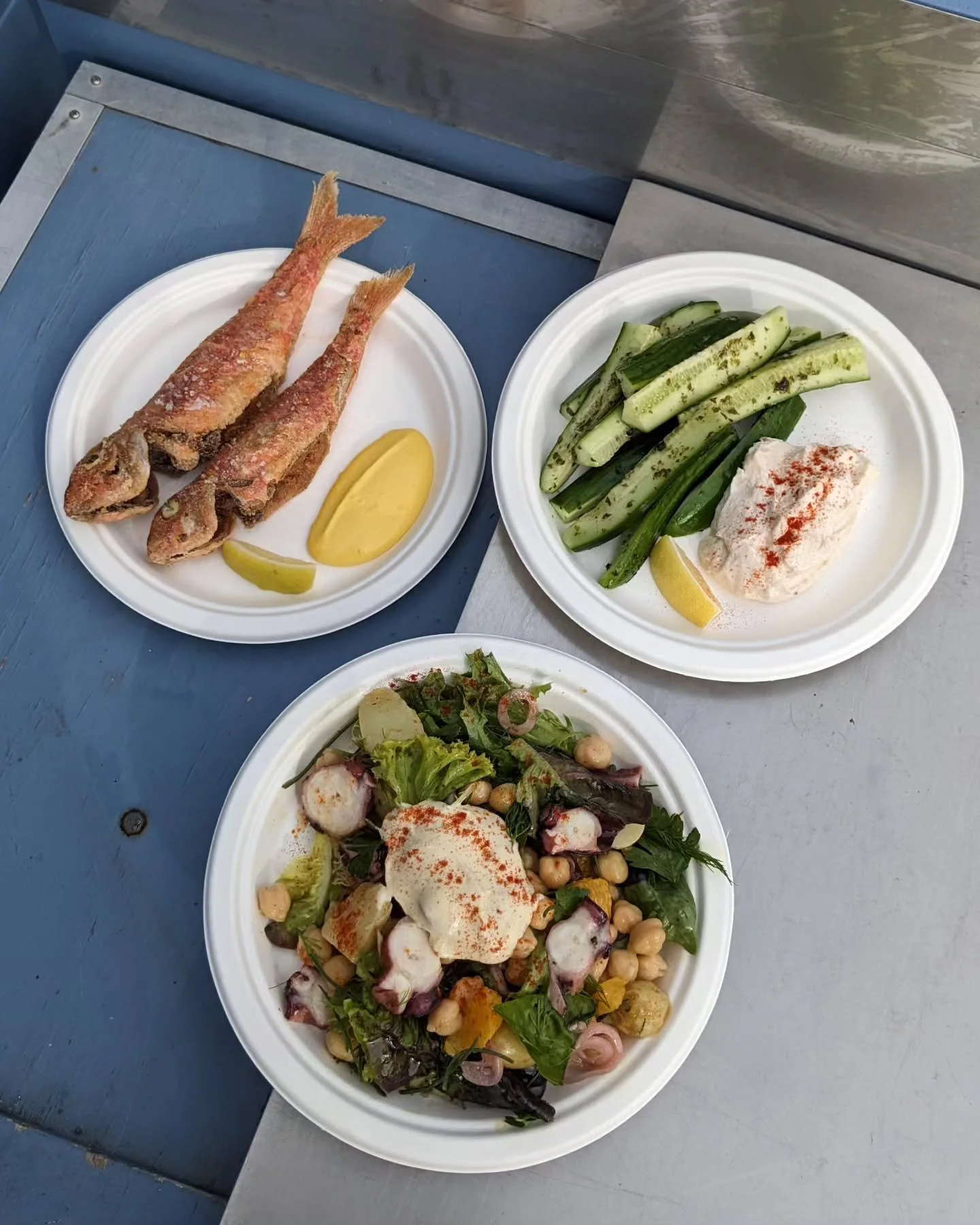 A few bits currently on the menu:

Falmouth octopus and chickpea salad with potatoes, orange, herbs, and aioli

Smoked cod's roe, Soul Farm cucumbers, seaweed salt

Whole fried red mullet, saffron aioli

X