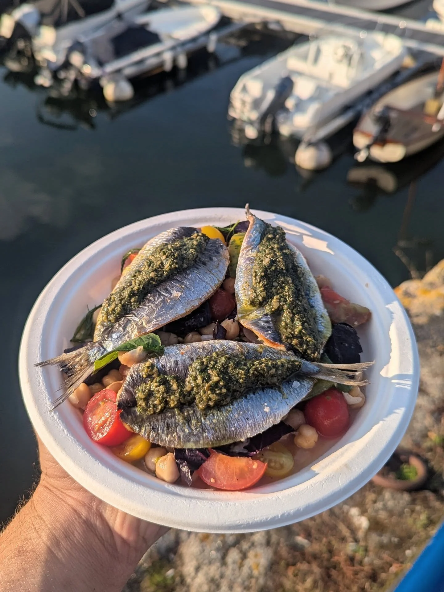One from this week - butterflied sardines, pesto and a salad of @soul.farm tomatoes, chickpeas, pickled shallots and purple basil. Best eaten in the sun by the sea.

X