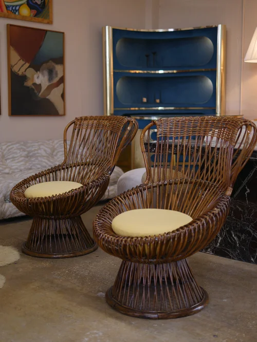 Pair of 1950s Franco Albini “Margherita” Rattan Armchairs for