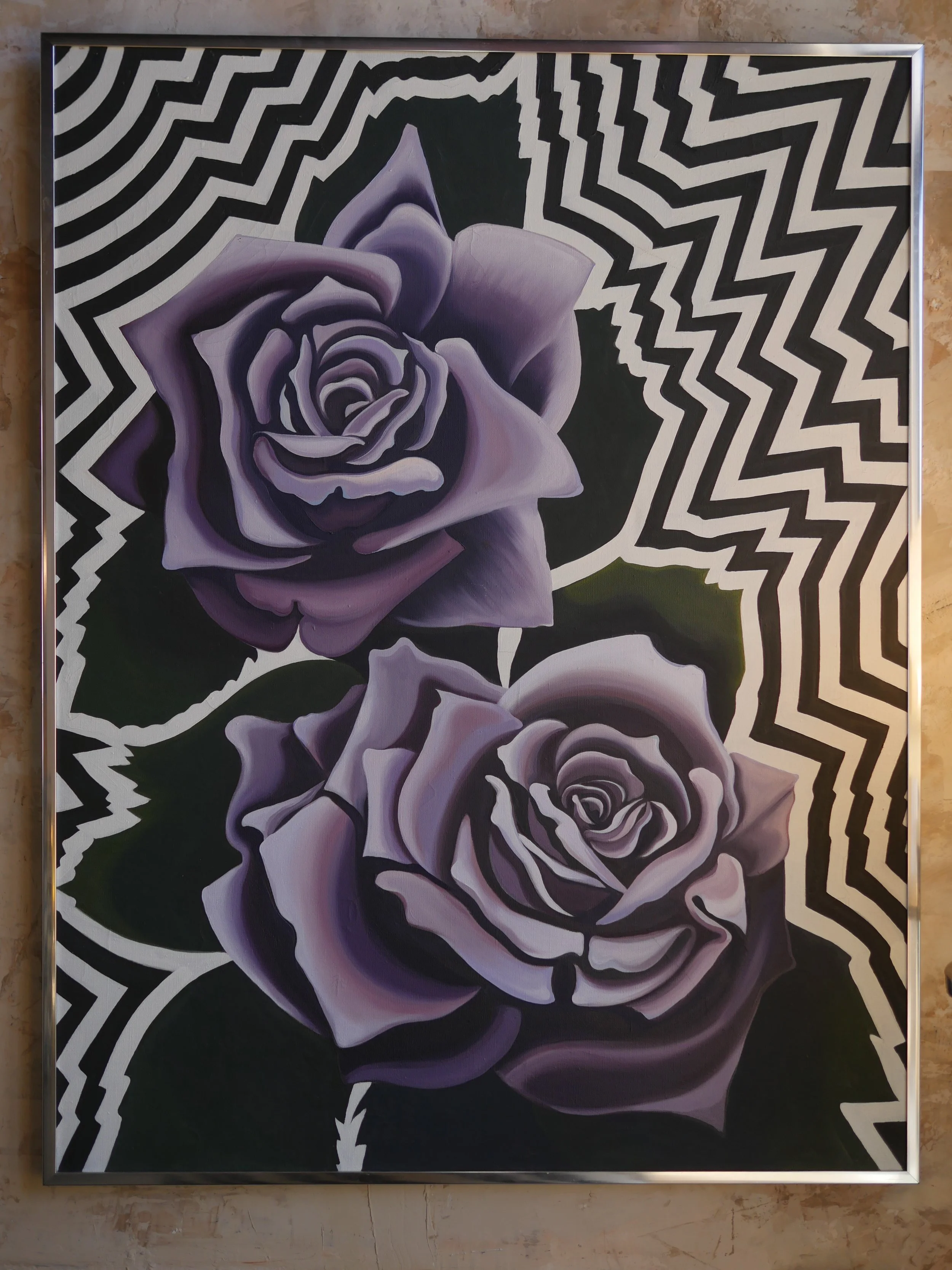 Lowell Nesbitt Two Violet Roses 1974, Op Art Floral Oil on Canvas Painting