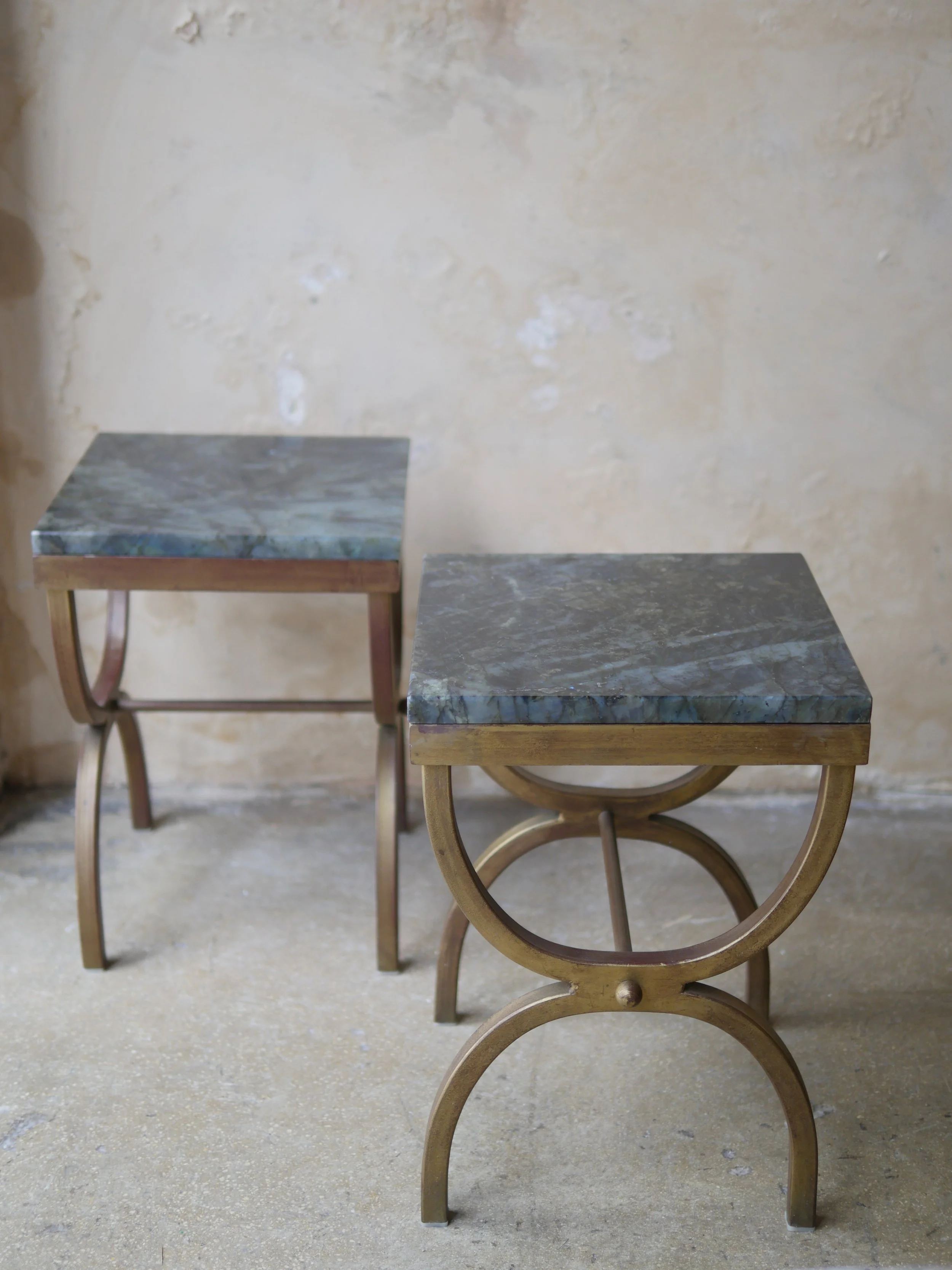 Pair of 1990s Patinated Iron Side Tables with Custom Lemurian Blue Granite Tops