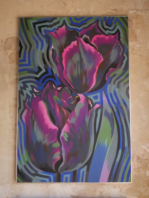 Lowell Nesbitt Flowers 1978, Op Art Floral Oil Tempera on Board