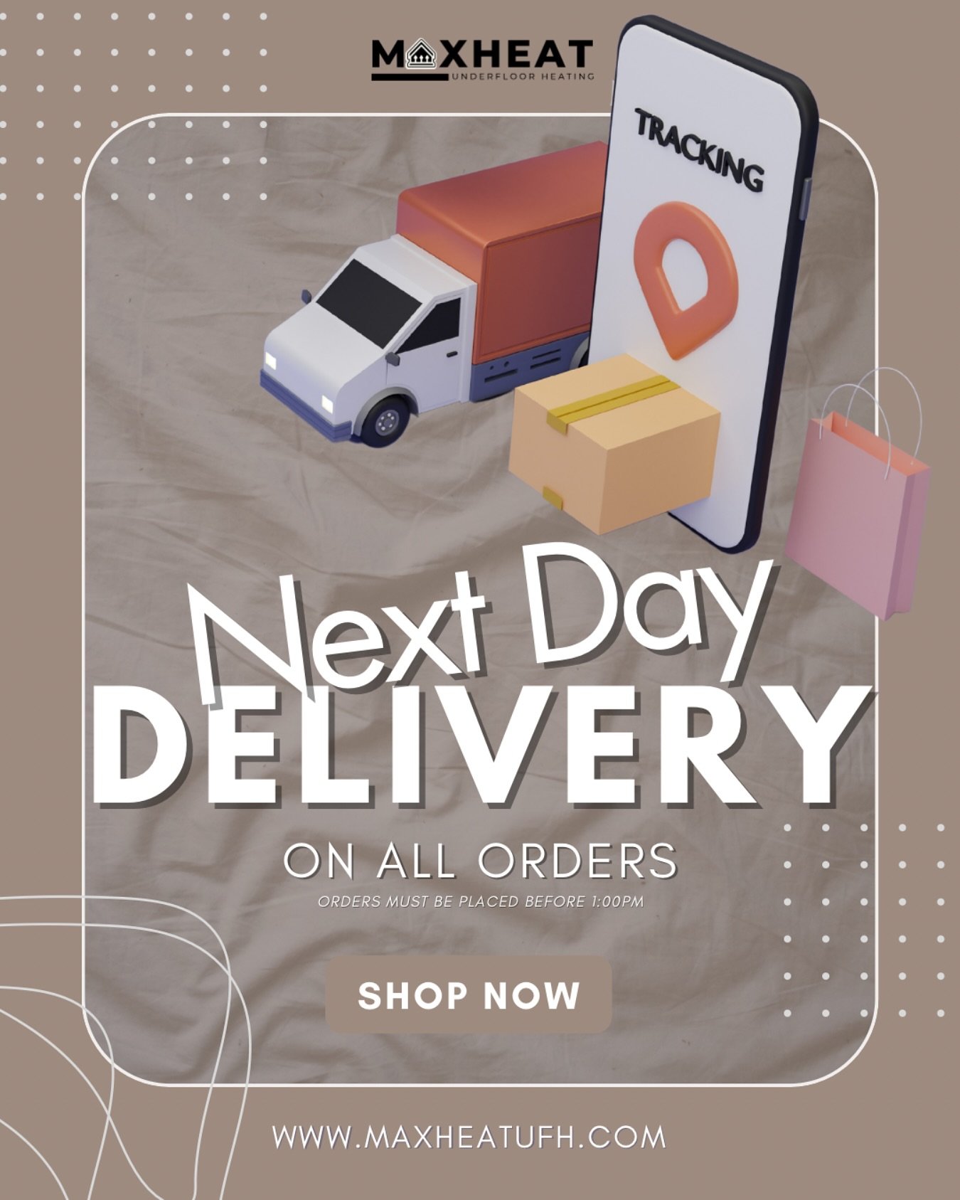 🚚 NEXT-DAY DELIVERY GUARANTEED! 🚚

At MaxHeatUFH, we know how important timely deliveries are for your projects. That&rsquo;s why we offer next-working-day delivery on all orders placed before 1PM!

✅ Order before 1PM &ndash; Get it the next workin