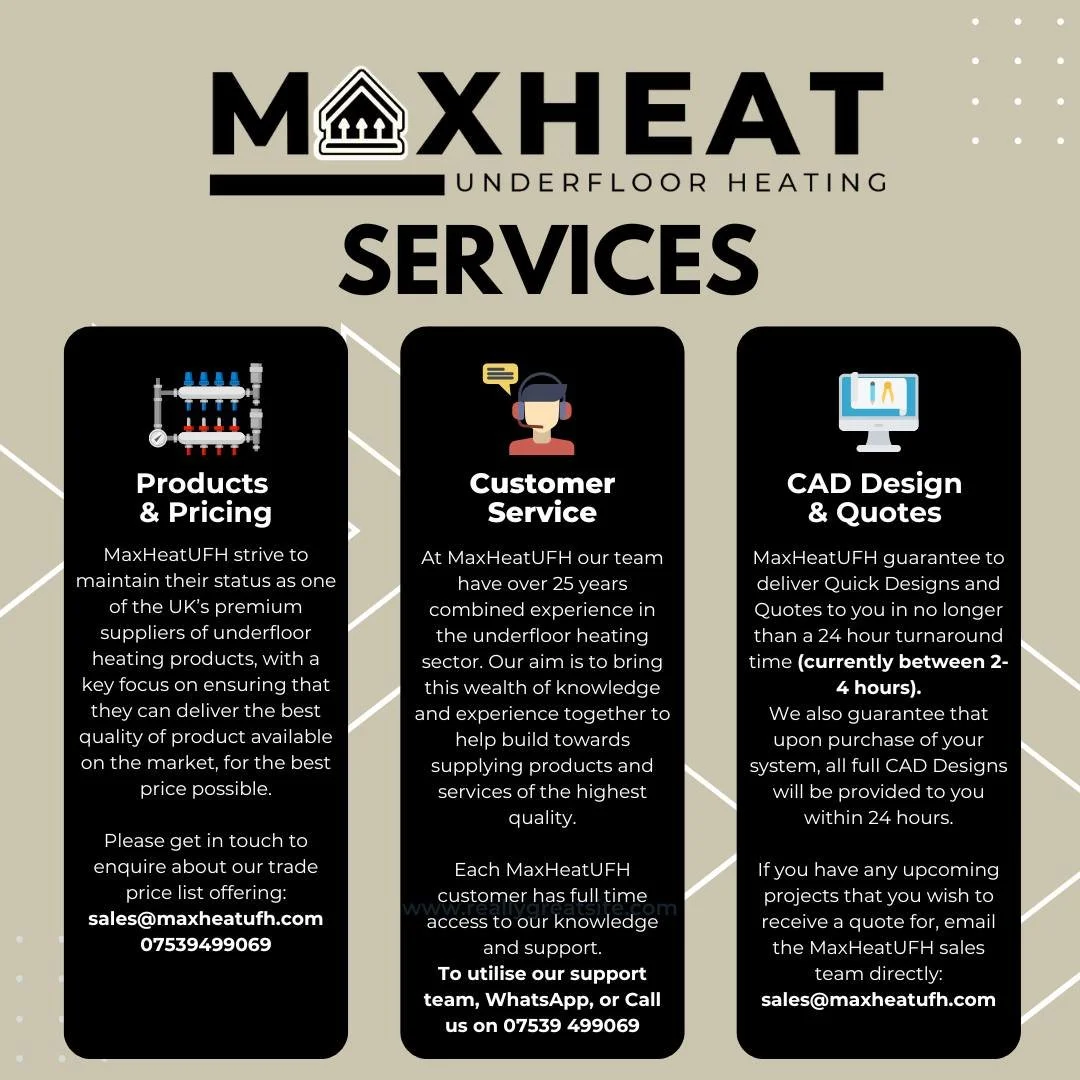 🚀 MaxHeatUFH &ndash; Your Go-To for Underfloor Heating! 🚀

We offer:
🔹 Premium Products &amp; Pricing
🔹 Expert CAD Design &amp; Quotes within 24 hours
🔹 Top-tier Customer Service with full-time support

📲 DM or WhatsApp 07539 499069 for more in