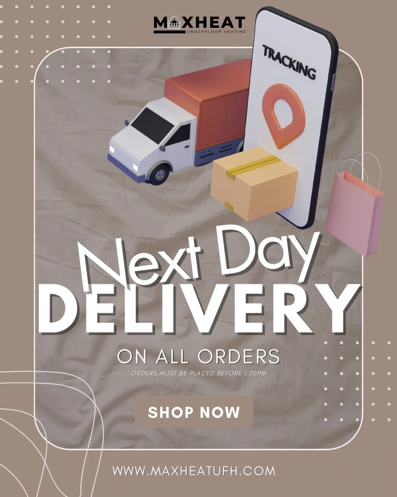 🚚 NEXT-DAY DELIVERY GUARANTEED! 🚚

At MaxHeatUFH, we know how important timely deliveries are for your projects. That&rsquo;s why we offer next-working-day delivery on all orders placed before 1PM!

✅ Order before 1PM &ndash; Get it the next workin
