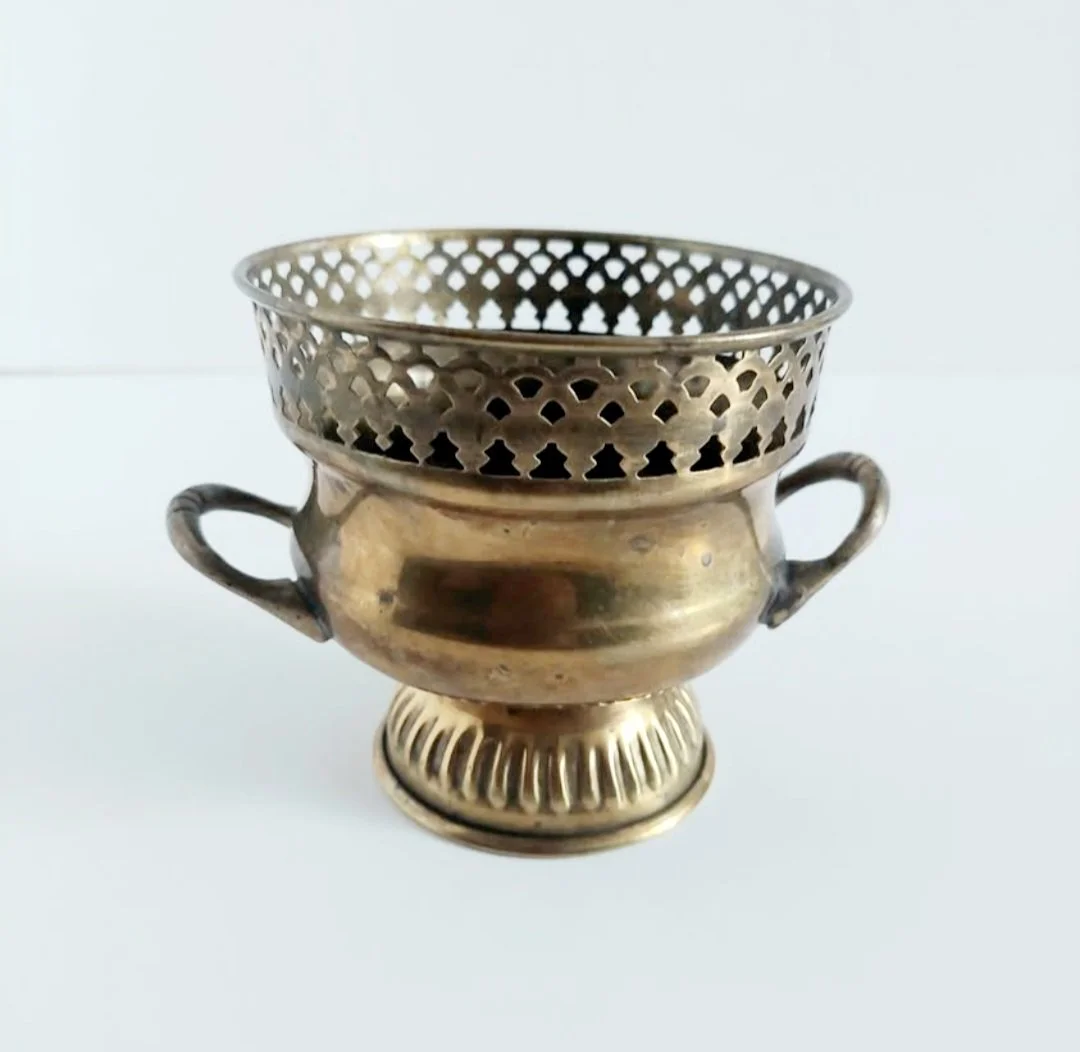 Vintage small brass pedestal bowl with handles
