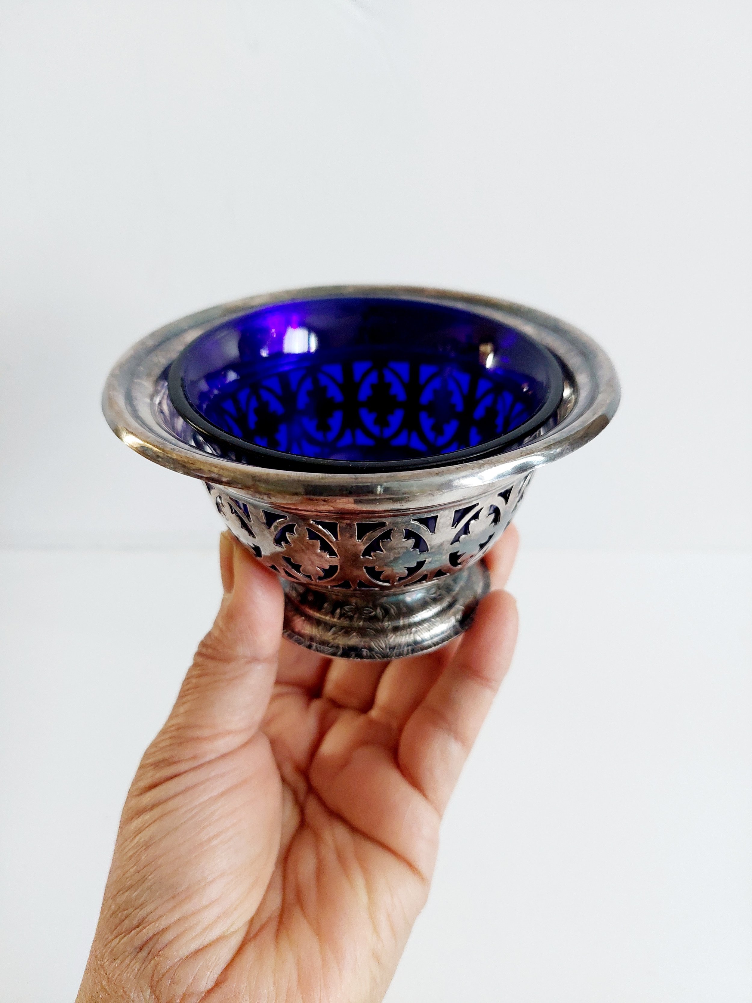 Vintage cobalt blue glass and silver plated pedestal bowl (#498)