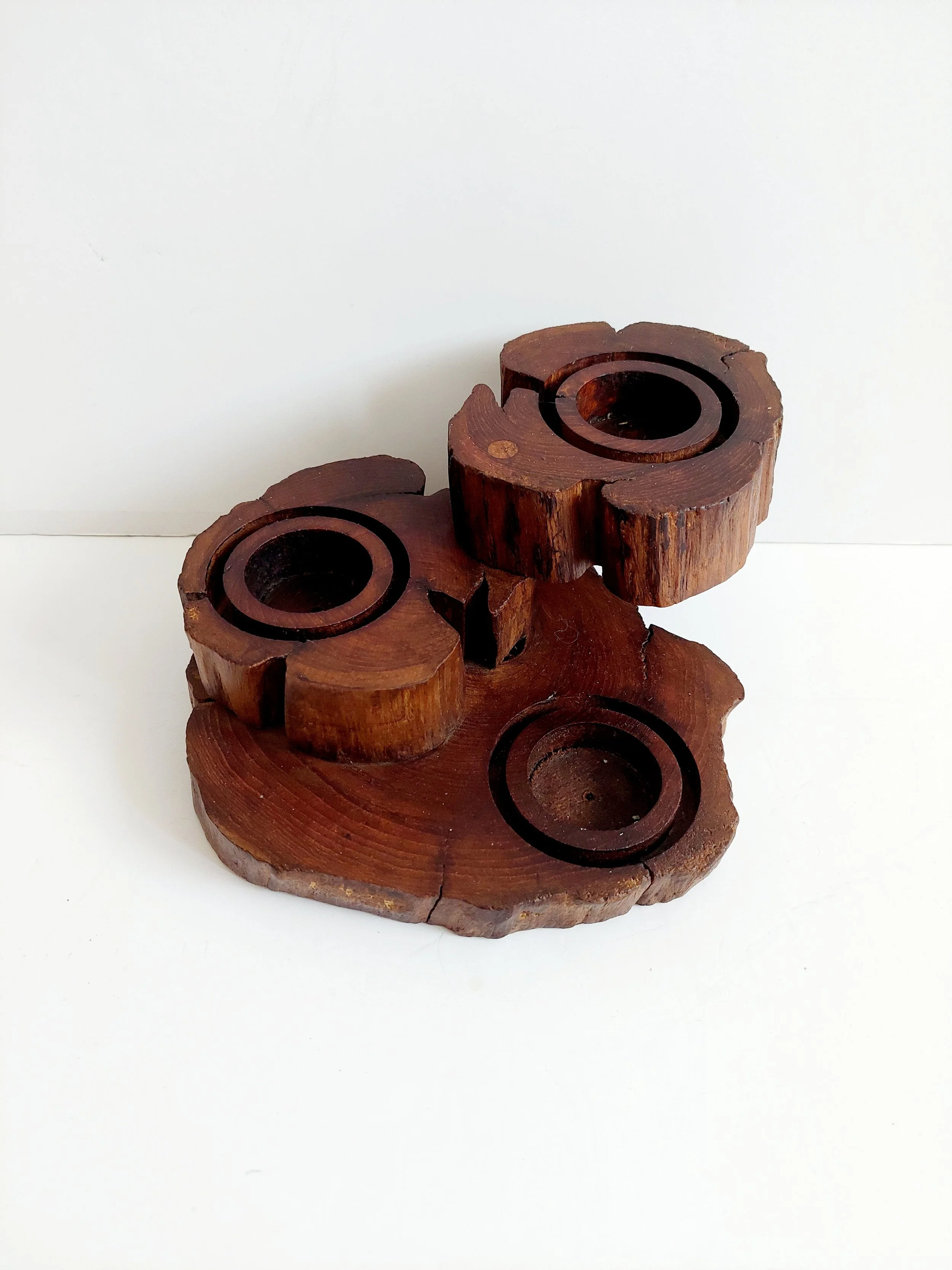 Beautiful carved rustic 3 tier wooden tea light holder (#479)