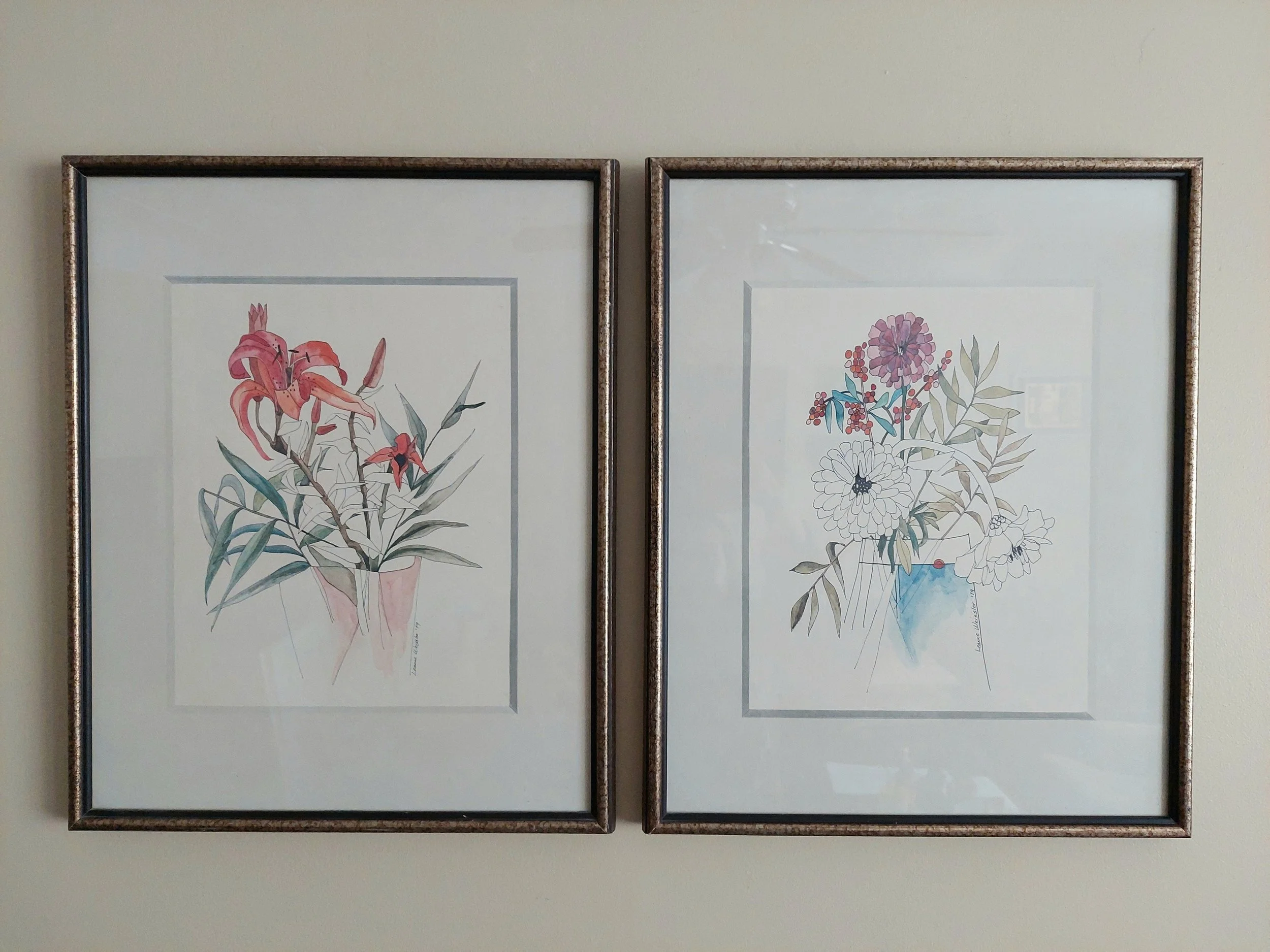 Vintage Set of 2, Leanne Weissler Prints 1979, signed, Lily and Dahlia botanical prints, framed