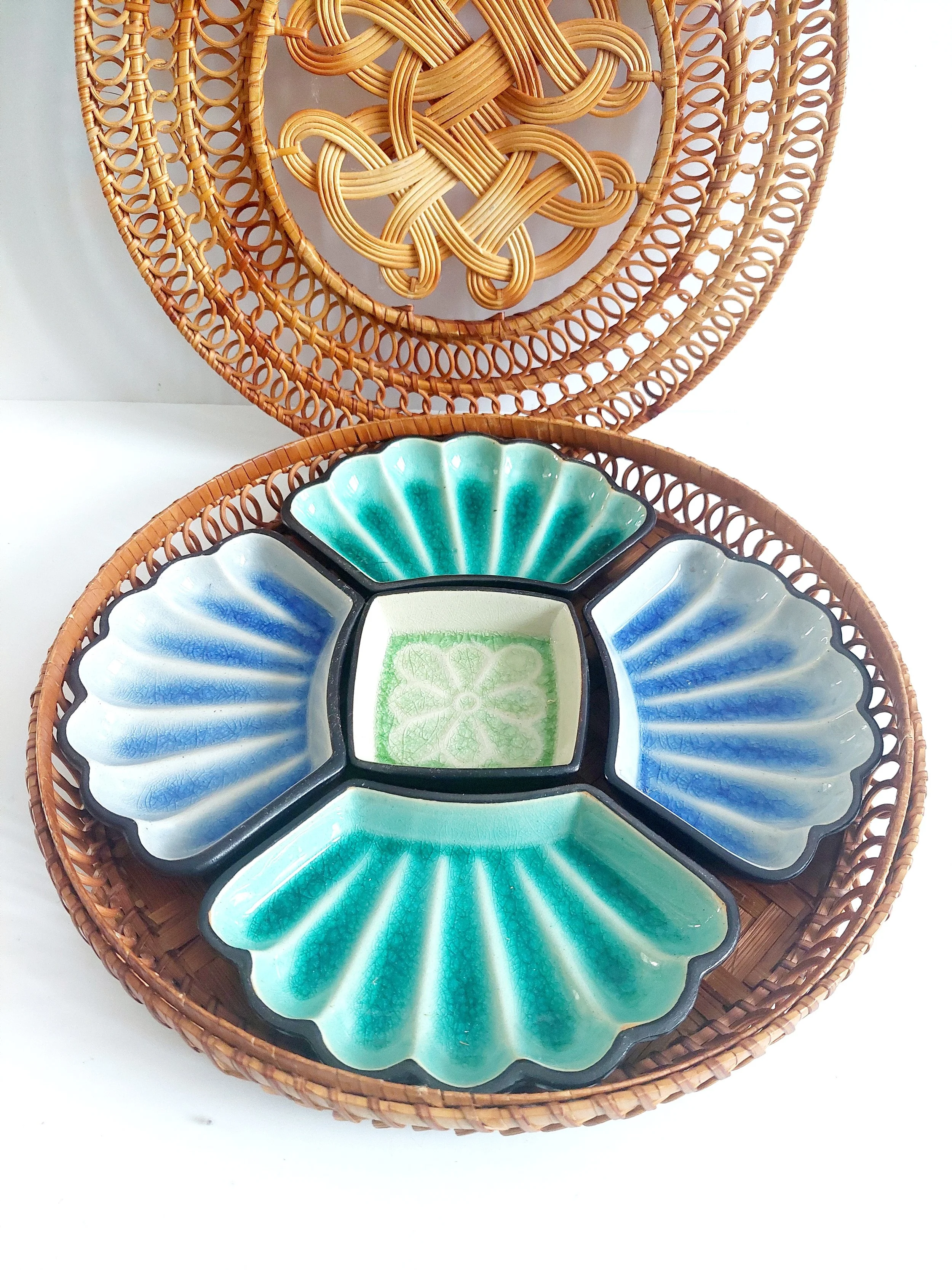 Vintage set of ceramic bowls in wicker basket (#329)