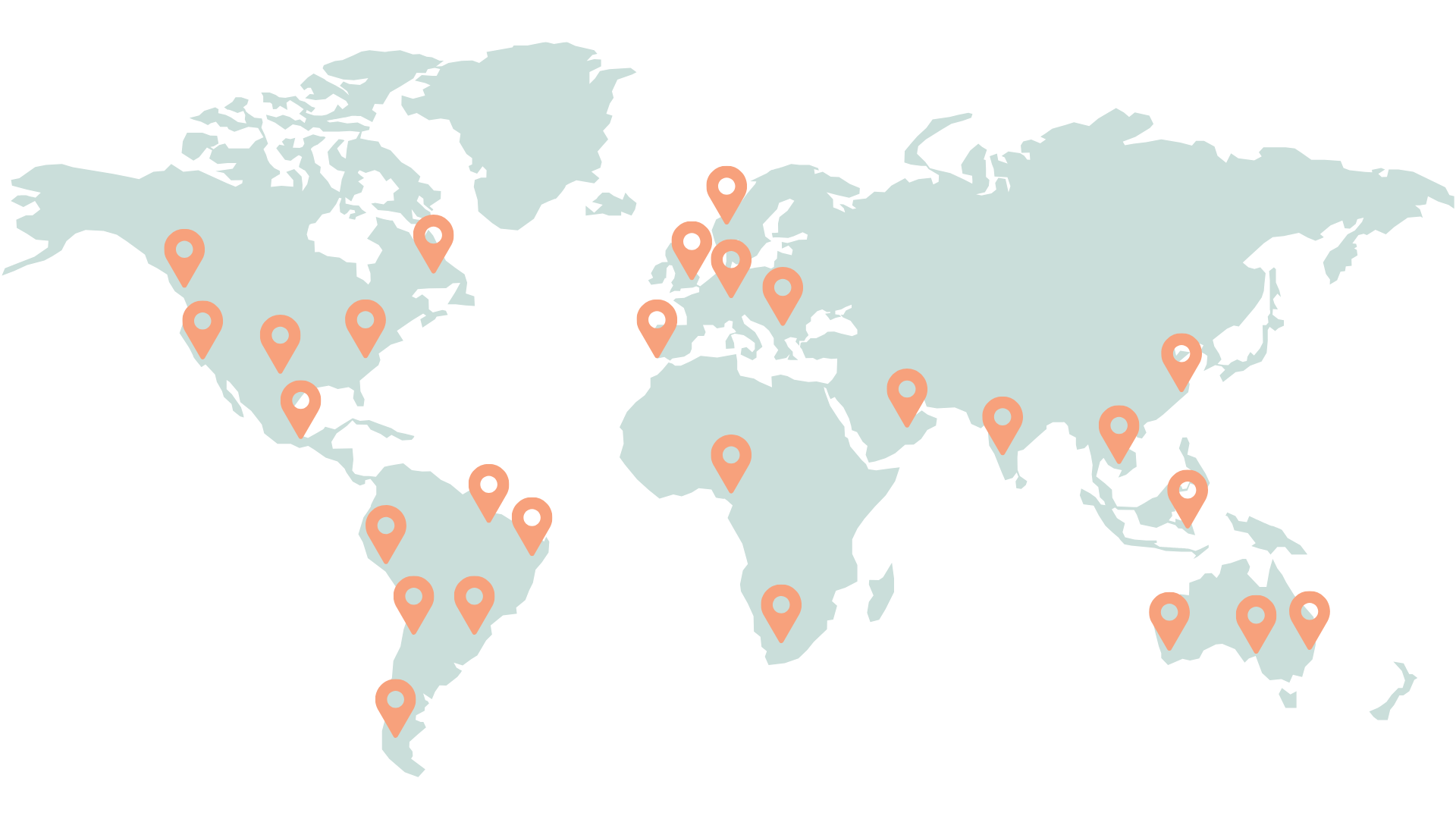 Stylized world map with orange location pins marking cities across North and South America, Europe, Africa, Asia, and Australia.
