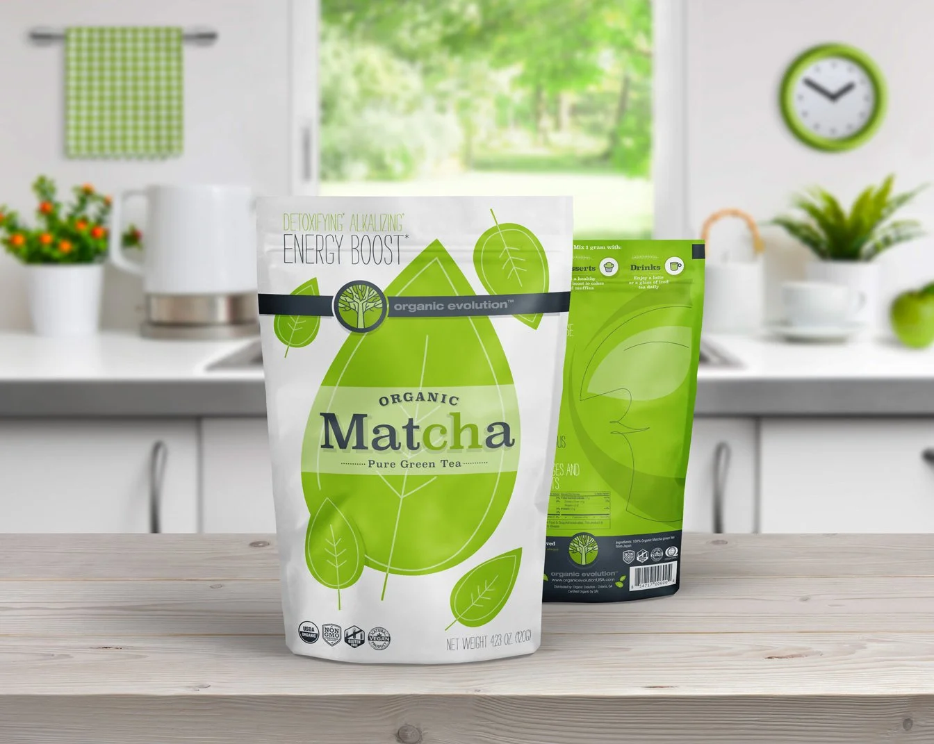 organic evolution matcha bags in kitchen