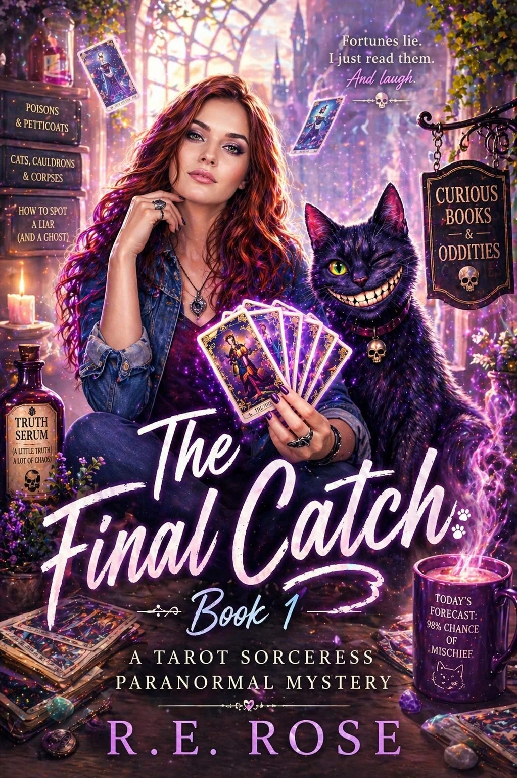 The Final Catch, Book 1 by R. E. Rose: a red-haired woman holding tarot cards beside a grinning purple cat in a magical bookshop.