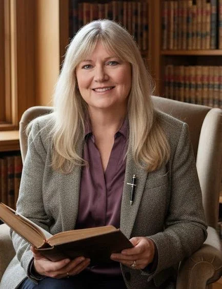 A woman with blonde hair sitting in a library, holding an open book, wearing a gray blazer and purple blouse.