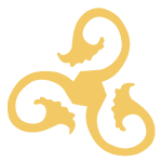 A gold-colored design resembling three interconnected, stylized snake heads or abstract shapes.