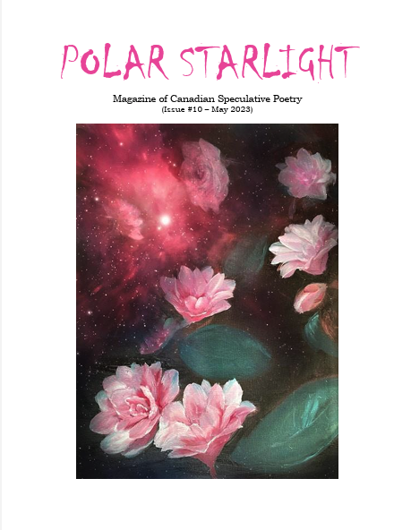 Cover of "Polar Starlight" magazine featuring a painting of pink water lilies on a dark starry sky background.