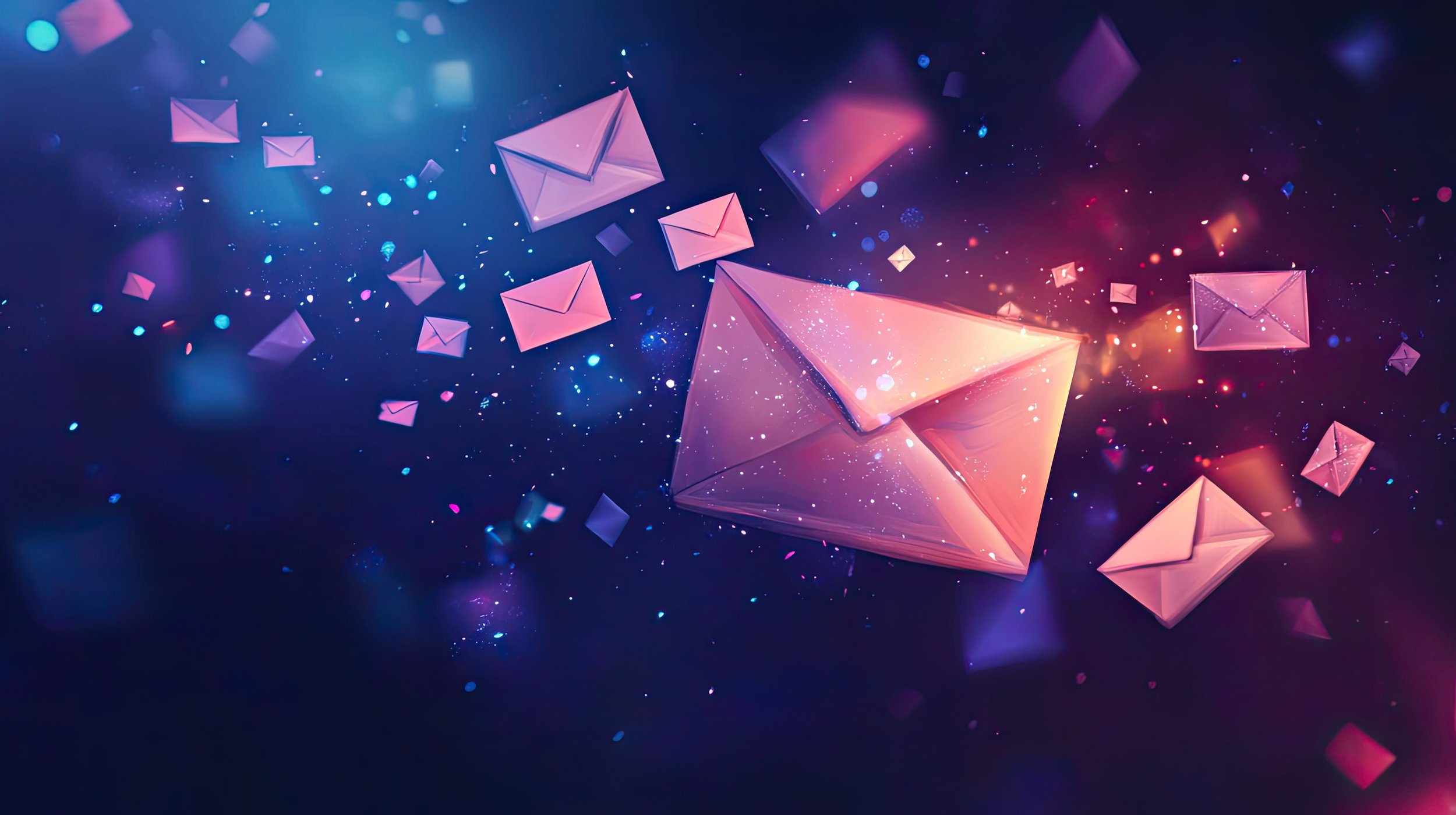Digital illustration of multiple floating pink and purple envelopes in space with colorful light effects