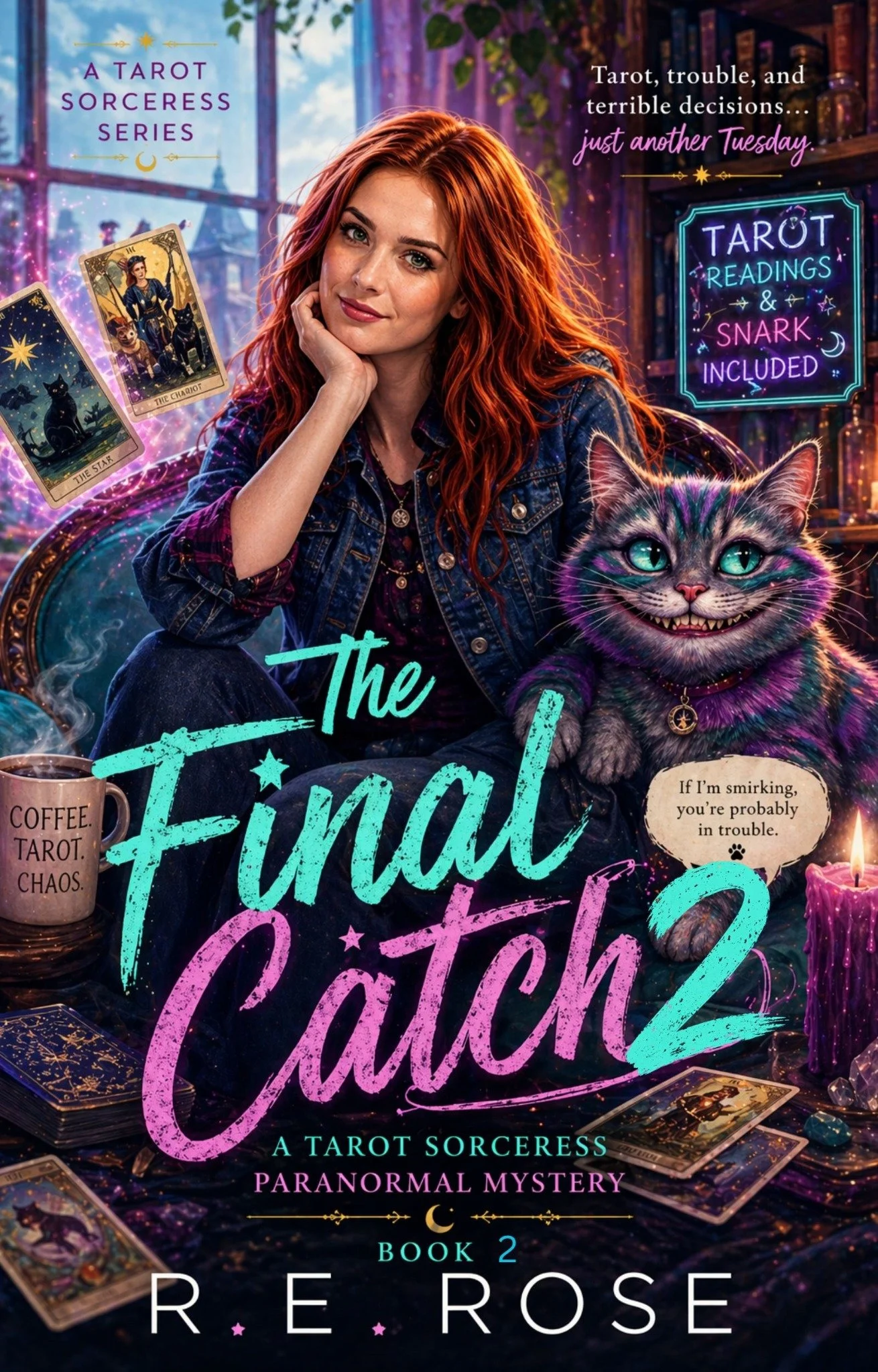 The Final Catch, Book 2 by R. E. Rose: a red-haired tarot sorceress and a grinning purple cat in a magical bookshop.