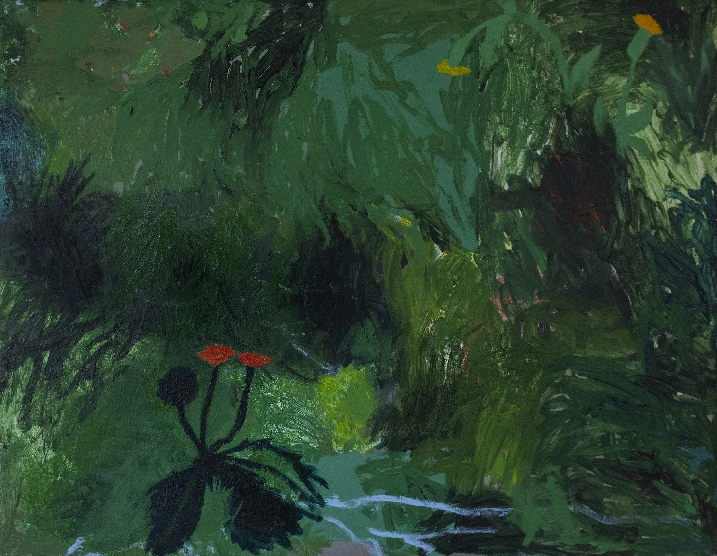 Mitch Mantle, 'Study of the Lawn,' 2024, acrylic and collage on canvas, 27 x 35 in., $3,000