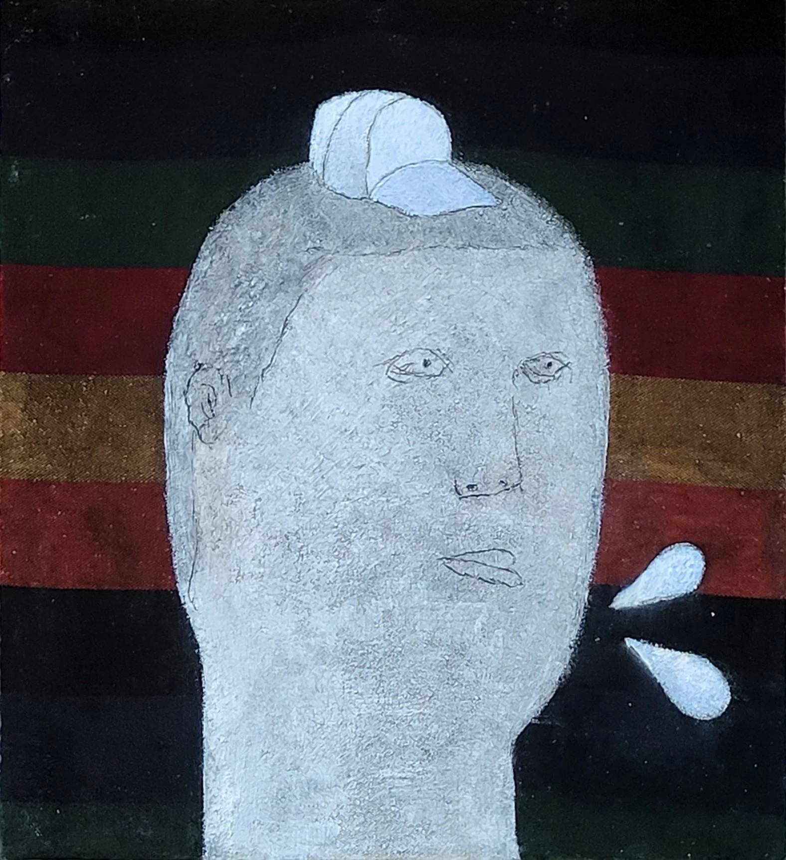 Fidalis Buehler | Boy with Word Bubbles, 2025 | oil on found fabric | 24 x 22 in. | $3,000