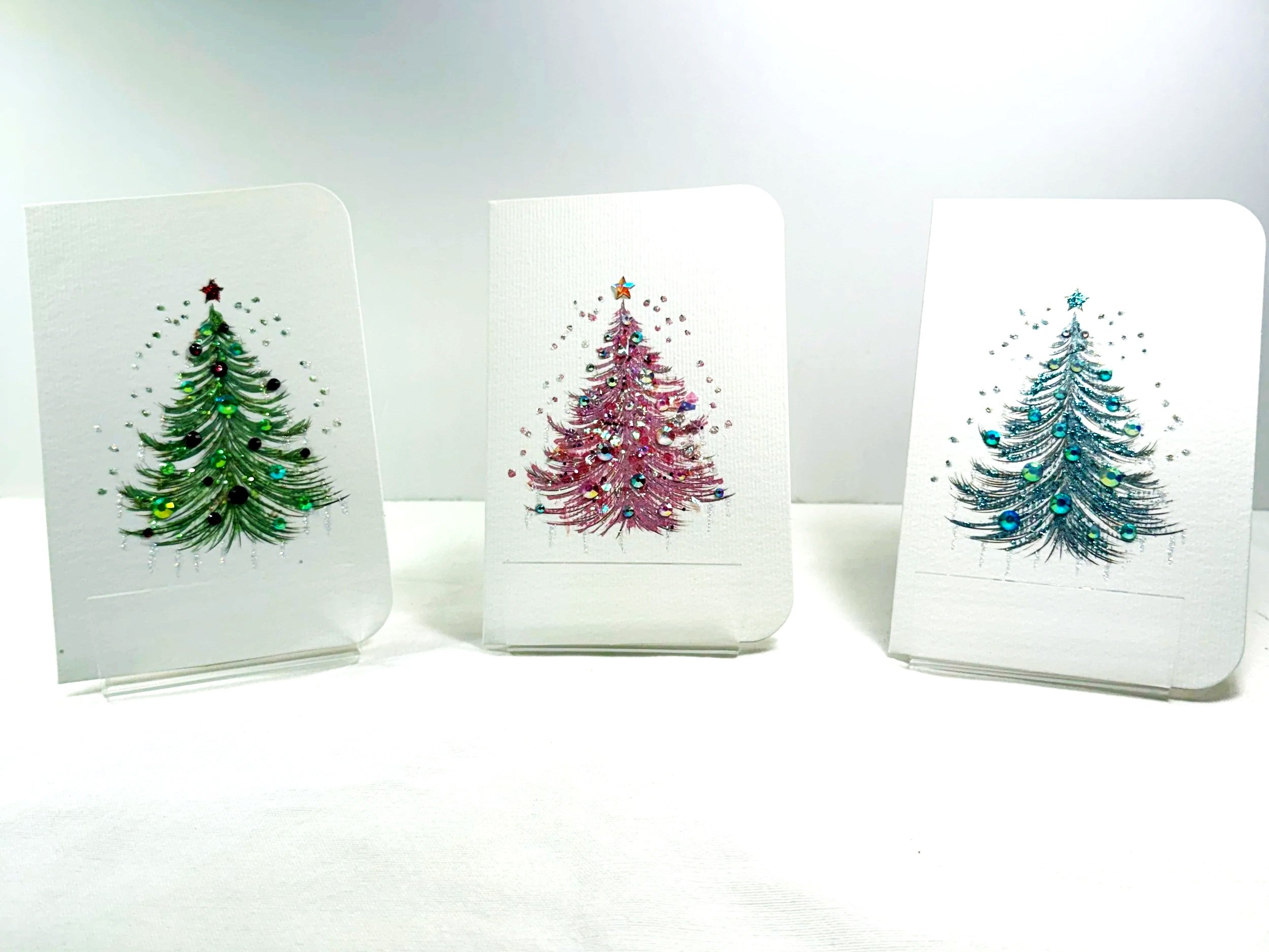 Bedazzled Christmas Tree Greeting Cards – Hand-Painted (Set 2)
