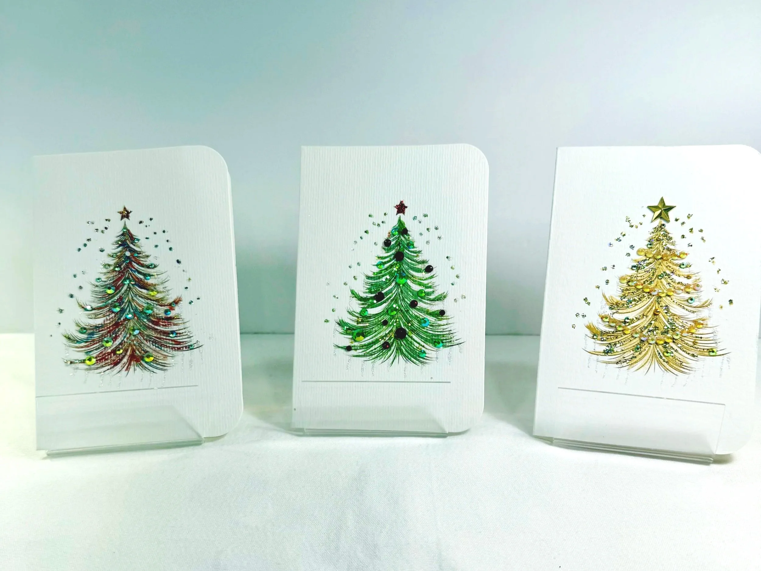 Bedazzled Christmas Tree Greeting Cards – Hand-Painted (Set 1)