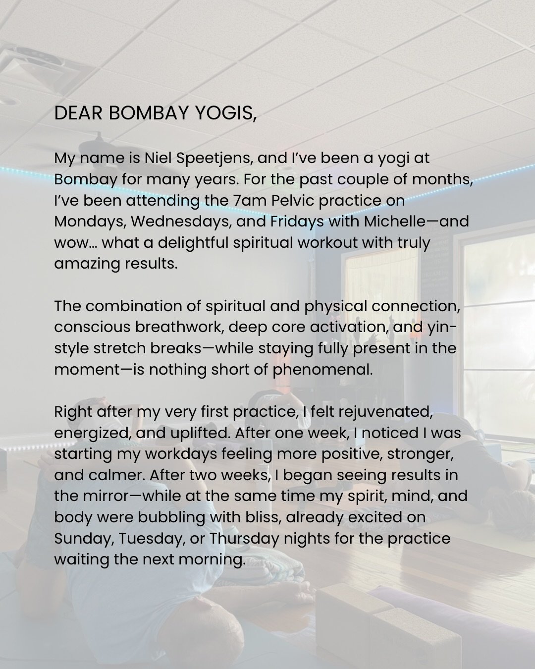 Thank you Neil for this wonderful review! 🙏 So grateful to have you as part of our Bombay community. 

Join us for a Core-Rooted Pelvic Power Vinyasa Flow Mondays, Wednesdays, and Fridays with @michellelm ✨ Let&rsquo;s grow together, become stronger