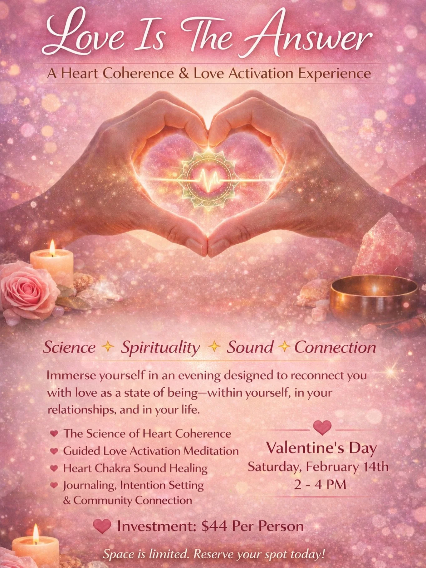 This Valentine&rsquo;s Day, step beyond roses and romance and reconnect with love as a state of being. 

Love Is the Answer is a heart-centered, two-hour immersive experience blending science, spirituality, sound, and community to help you regulate y