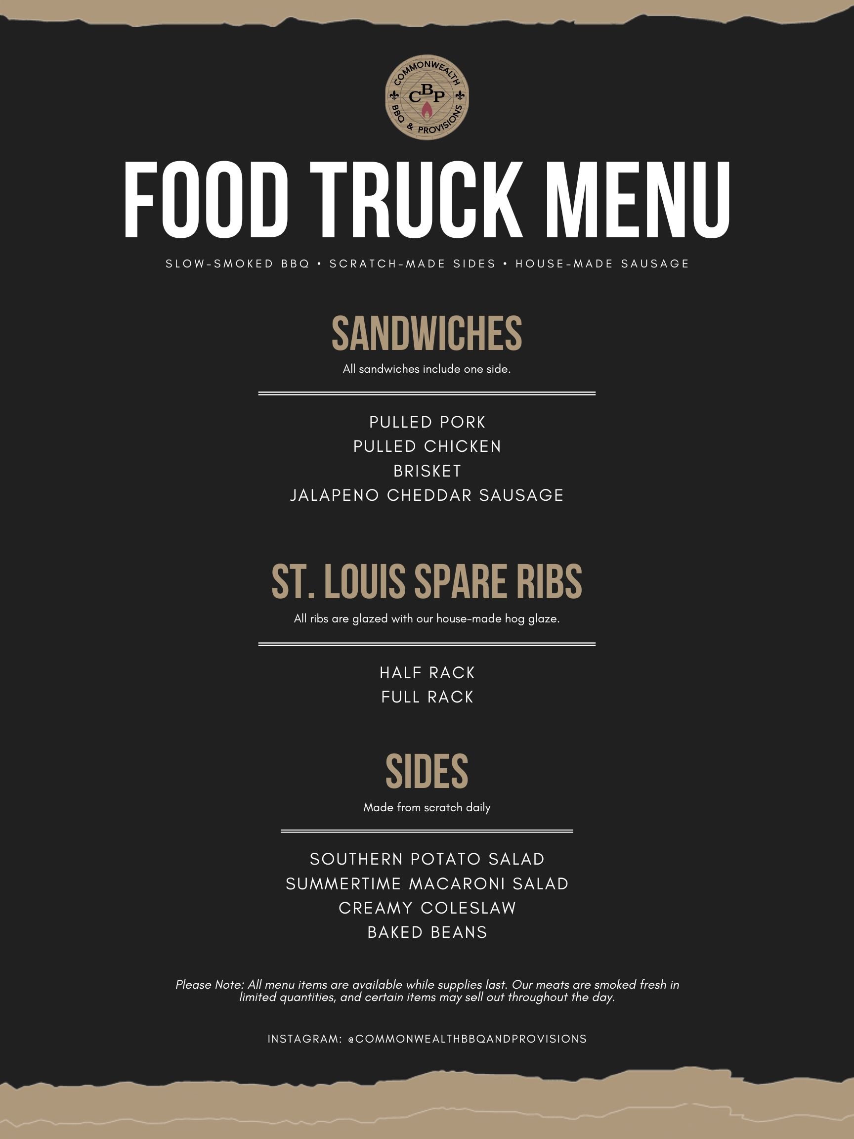 Commonwealth BBQ food truck menu with sandwiches, ribs, and sides