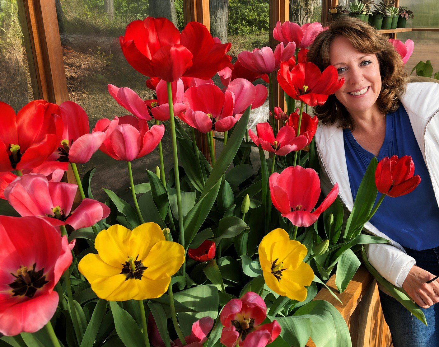 A woman smiling next to a variety of colorful tulips inside a greenhouse with large windows and trees visible outside.