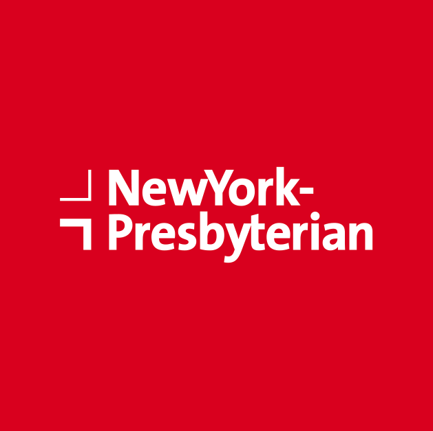 Red background with white text that reads 'New York-Presbyterian' and a white cross-like symbol.