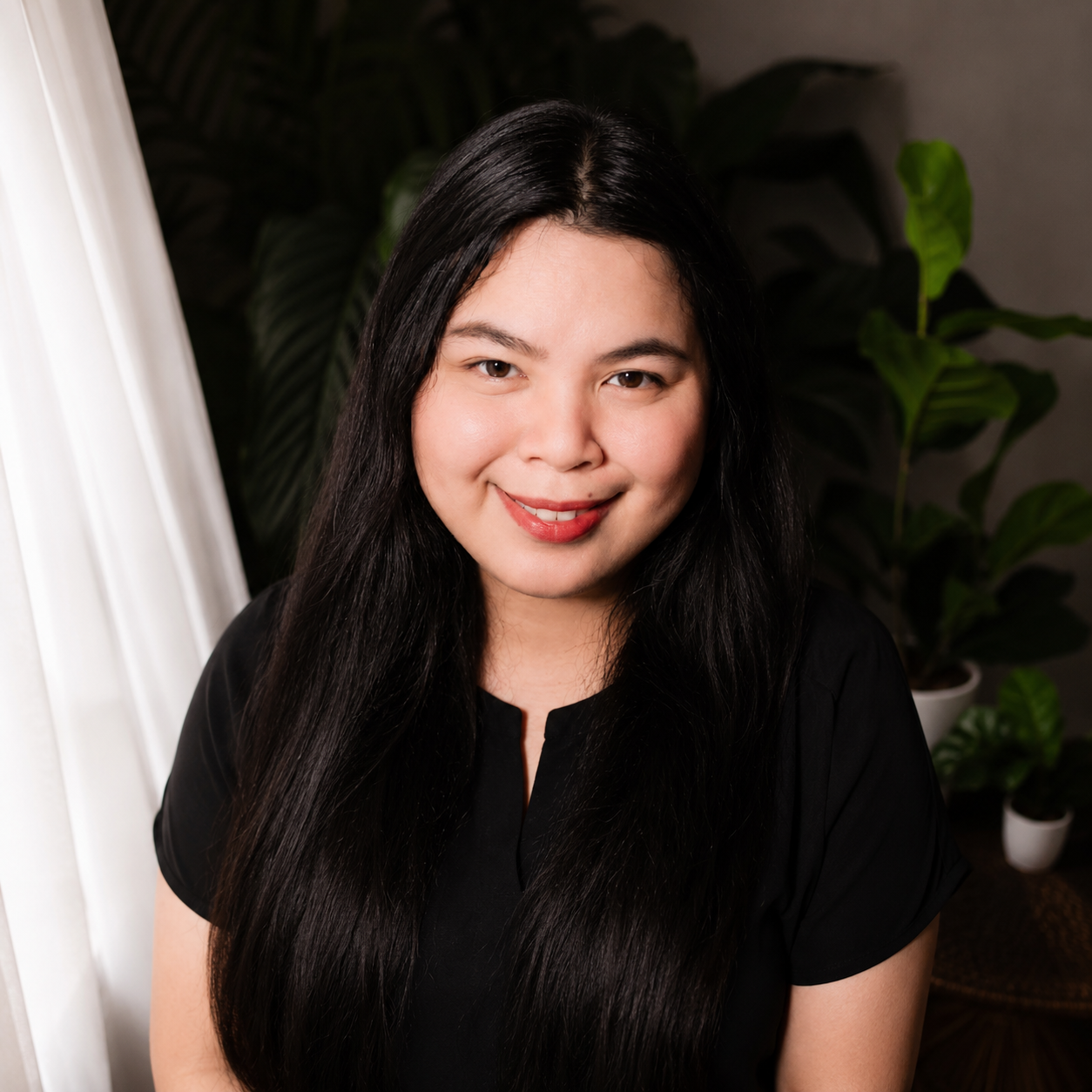 A woman with long black hair smiling at the camera, wearing a black top, with plants in the background.