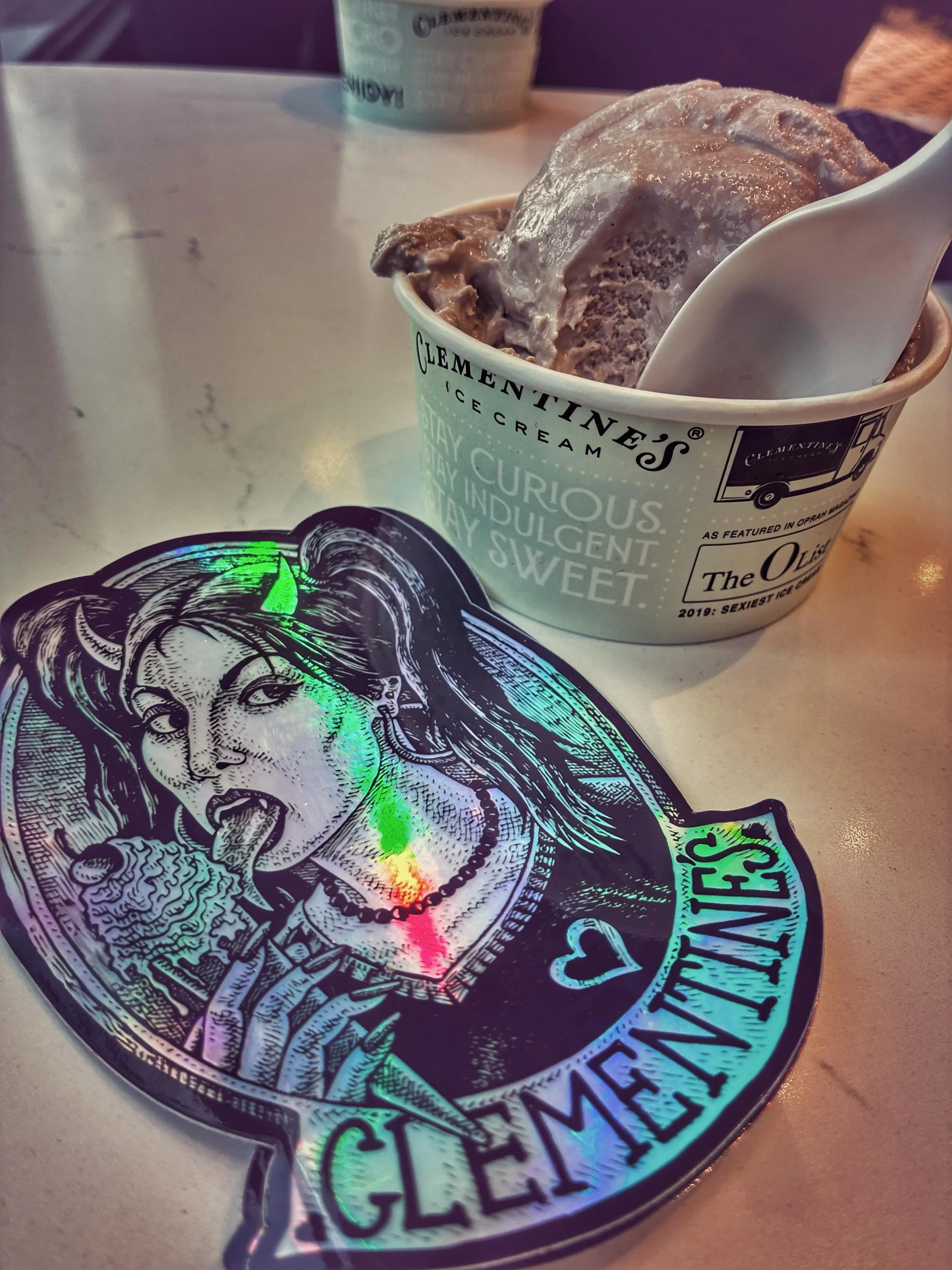 Nice to see some old school H&uuml;ck dzines alive and well at the legendary @clementinesicecream in the St. Louis Central West End.  If you want some tasty beyond belief NAUGHTY ice cream stop in and have a lick! 🖤⚡️👹🔥#tomhuck #evilprints #clemen