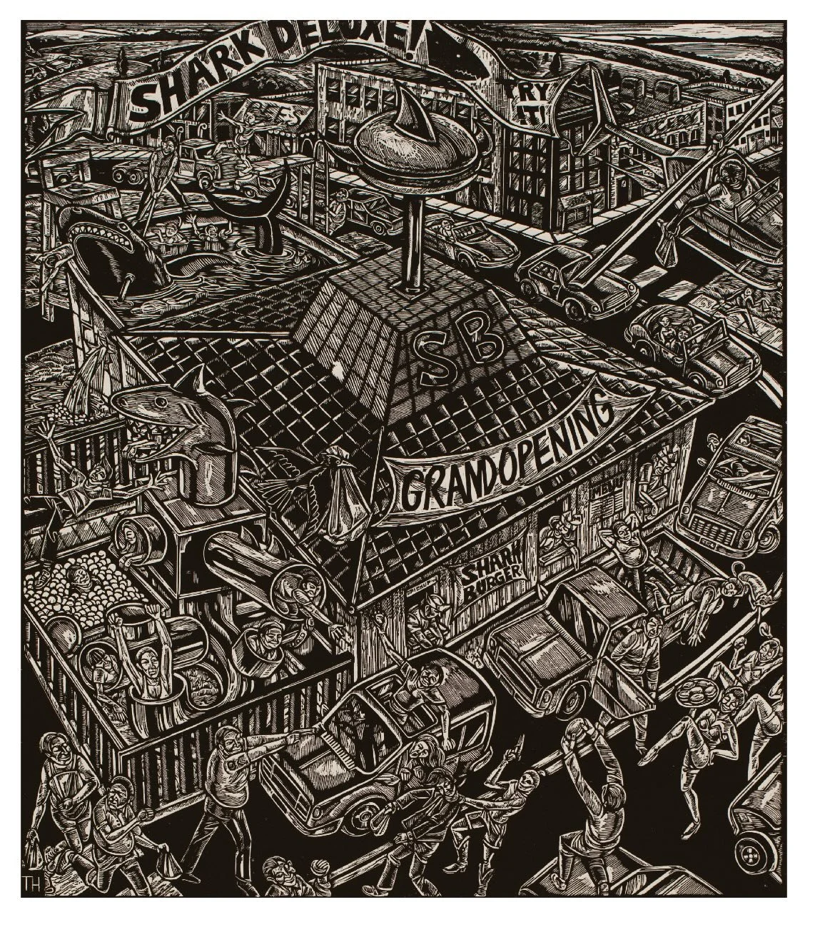 Tom H&uuml;ck&rsquo;s classic woodcut &ldquo;Playland: The Great Sharkburger Shortage of &lsquo;95&rdquo; is currently featured in an exhibition at Grinnell College Museum of Art entitled &ldquo;Carnivalesque&rdquo;. @gcmuseumofart

&ldquo;Carnivales