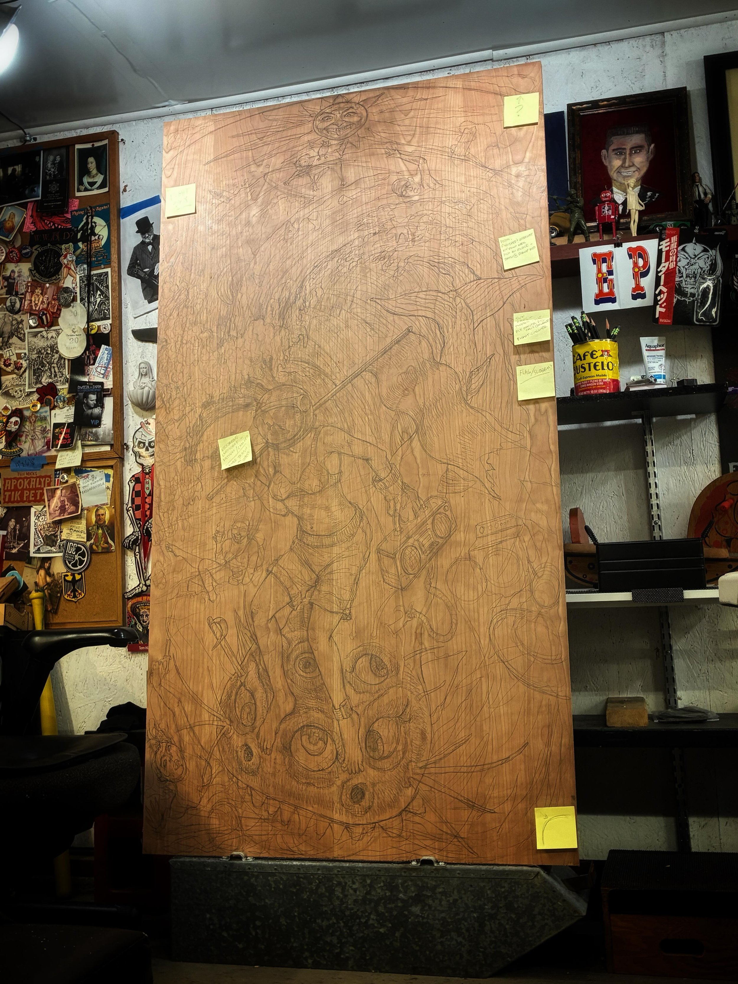 A sneak peek at the very beginning of a new big woodblock, in pencil translated from the sketchbook.  Happy mutherz day to all the mom&rsquo;s in my life (a lot)&hellip;&hellip;my mom Janet, the step mom @littlemeowjb , the baby momma @anneliztree , 