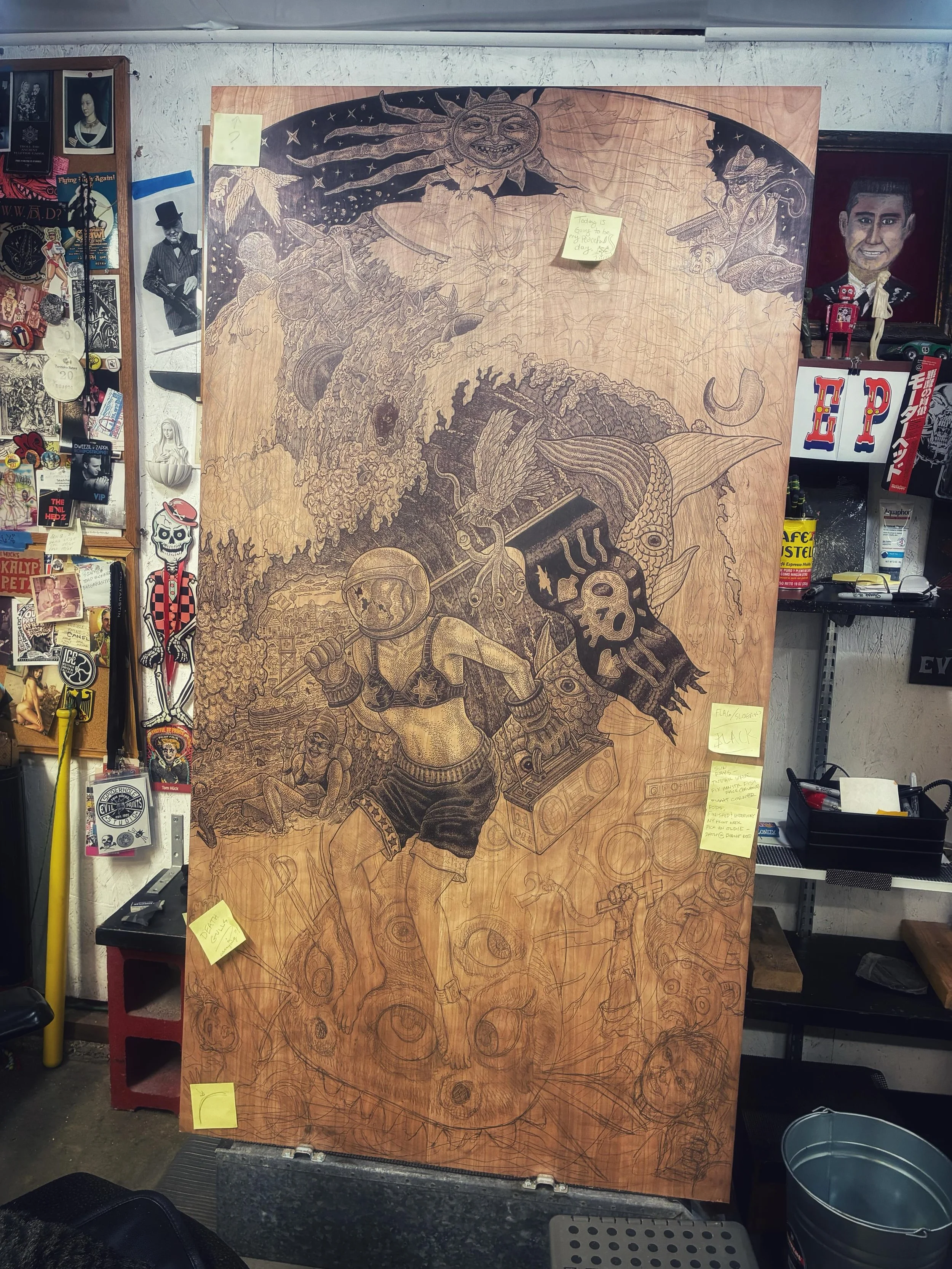 Progress&hellip;&hellip;.The Sun and the damned.  Back to drawing! #tomhuck #woodcuts #printmaking #evilprints #printmakersofinstagram