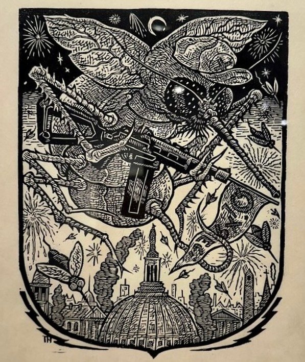 Happy 4th from Tom H&uuml;ck&rsquo;s Evil Prints.  Try not to catch on fire tonight&hellip;.,🇺🇸☠️🎆 &ldquo;Stung on the 4th of July&rdquo; woodcut by Tom H&uuml;ck, 2023, published by @blackrockeditions  #tomhuck #woodcuts #evilprints #printmaking 