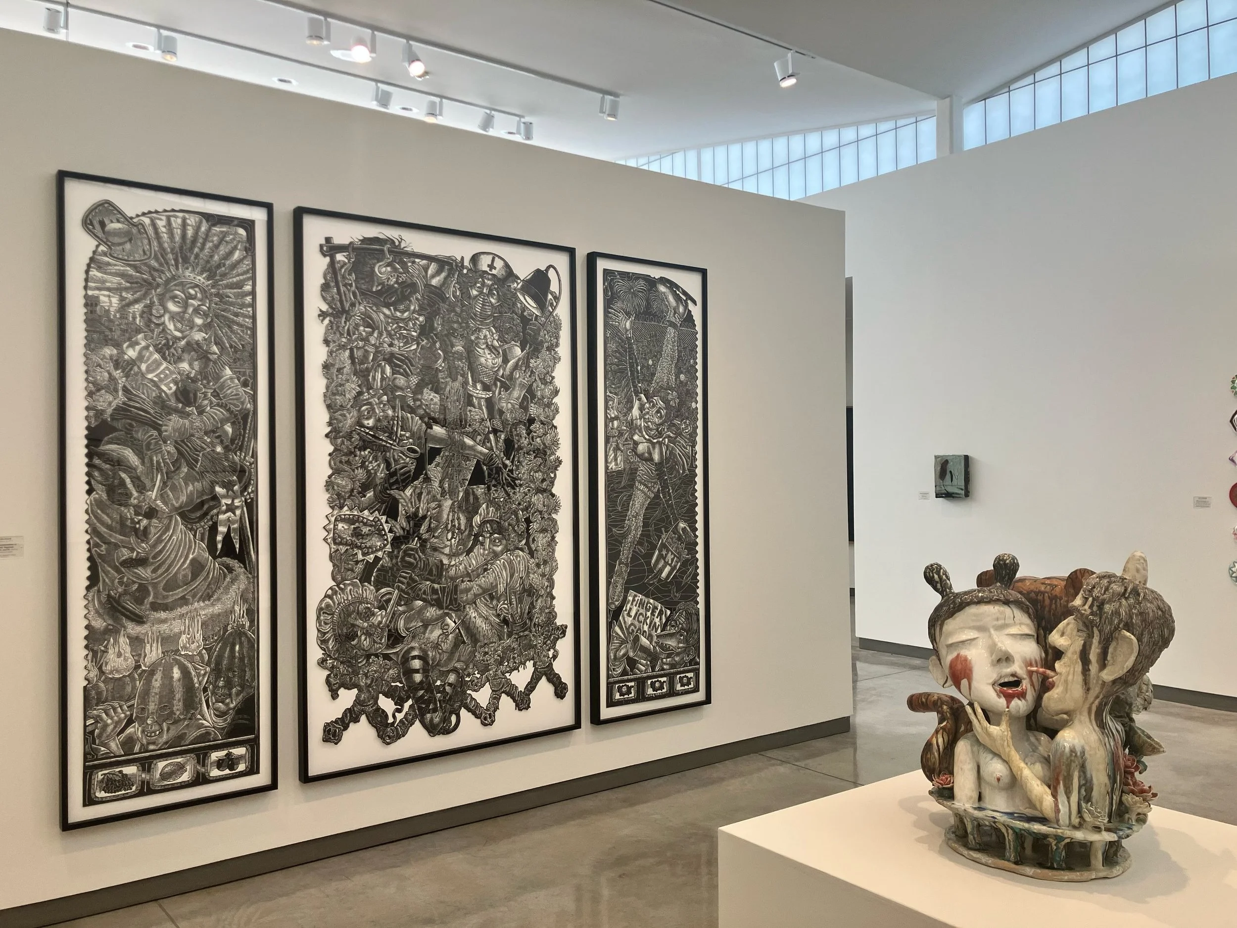 SHE&rsquo;S ALIVE!  Tom H&uuml;ck&rsquo;s epic woodcut triptych &ldquo;The Transformation of Brandy Baghead&rdquo; (2009) is currently on view at the @daummuseum of Contemporary Art thru Aug. 23.  The exhibition, entitled &ldquo;Inhabit&rdquo; also f