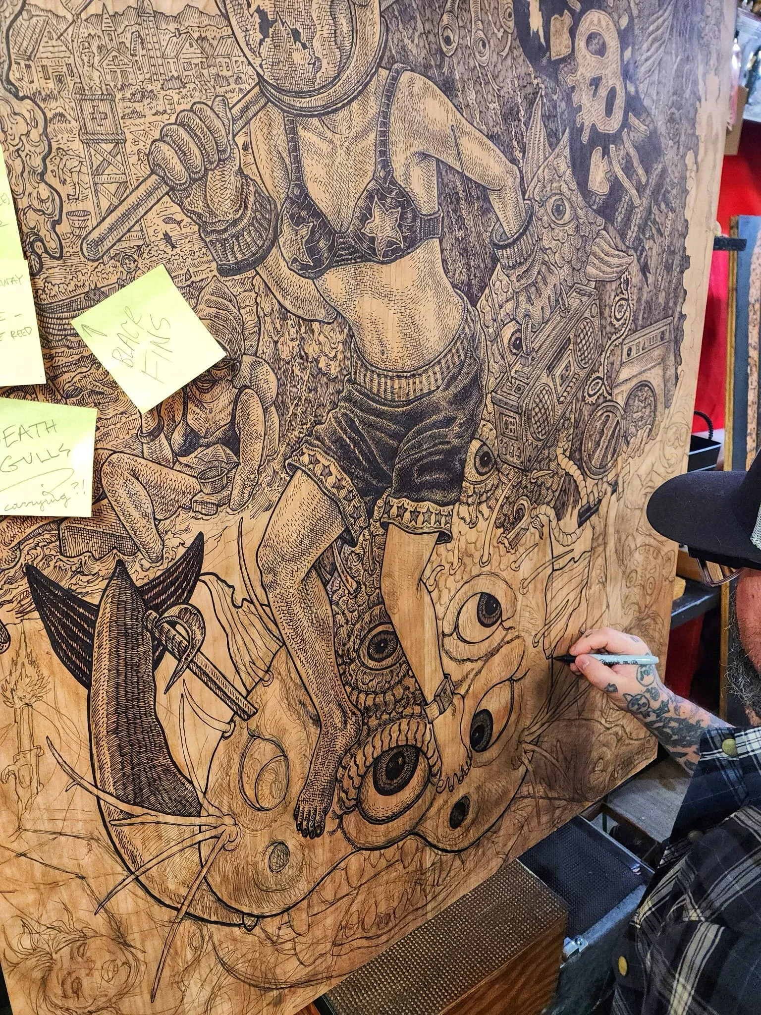Drawing on the &ldquo;monster&rdquo; new one is progressing&hellip;&hellip;..slowly. #tomhuck #evilprints #woodcuts #printmaking #contemporaryprintmakers