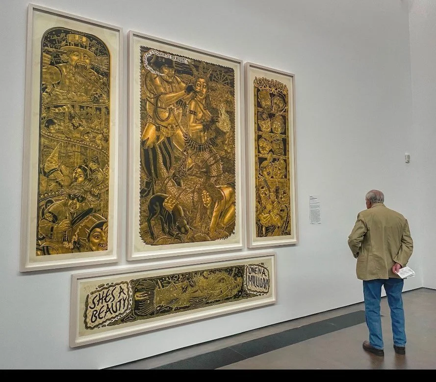Today we take a look back at Tom H&uuml;ck&rsquo;s epic chiaroscuro woodcut triptych &ldquo;Electric ⚡️Baloneyland&rdquo; and what inspired it.  Created from 2013-17, Baloneyland was co published by @evilprints &amp; @flatbedpress .  It was first sho